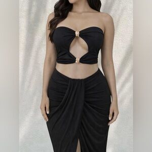 Black Cut-Out Two Piece Set | Strapless Top & Draped Maxi Skirt Size S